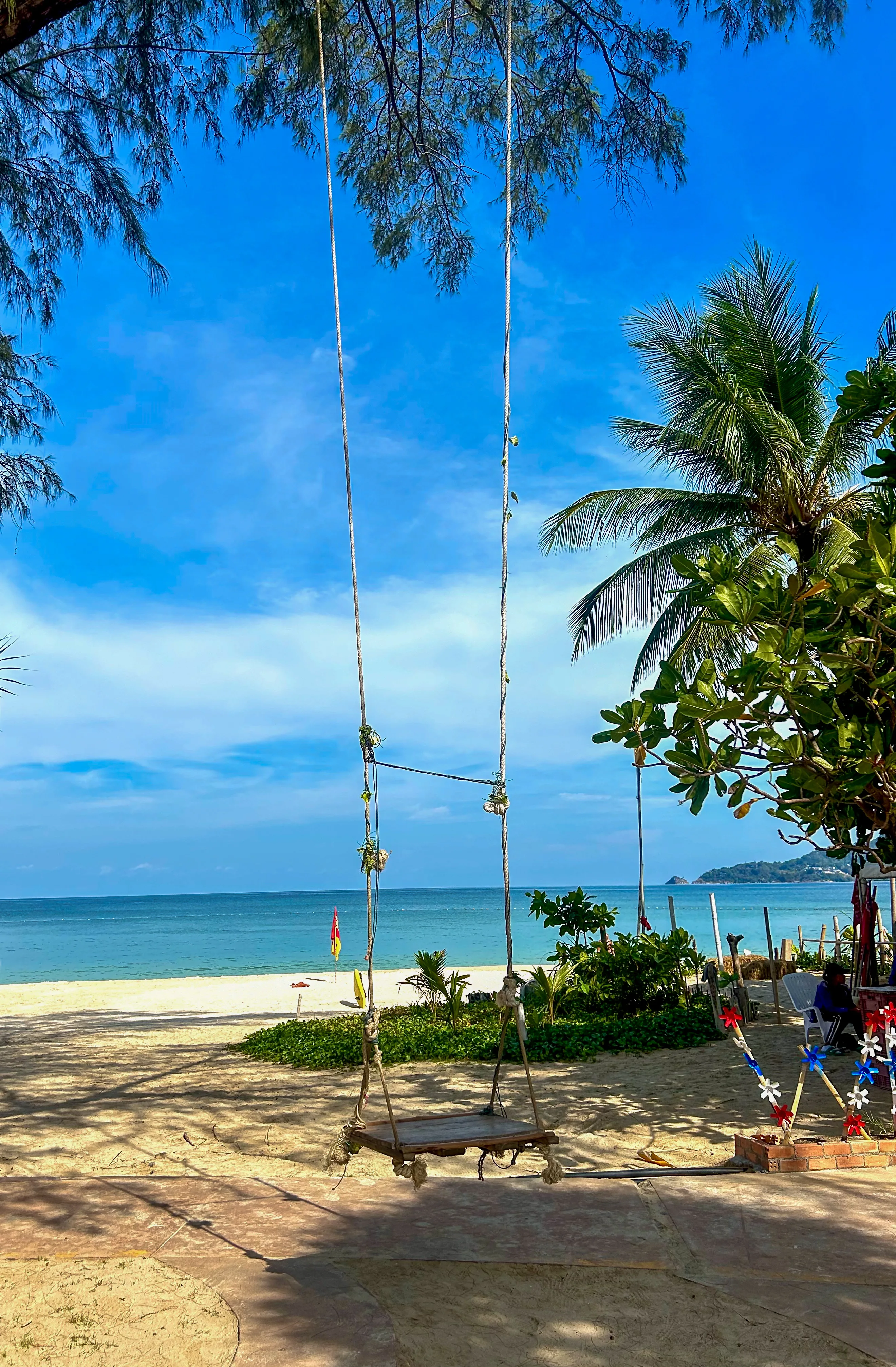 ชิงช้าไม้ห้อยจากต้นสนริมหาดป่าตอง มองเห็นทะเลสีเทอร์ควอยซ์และต้นมะพร้าว